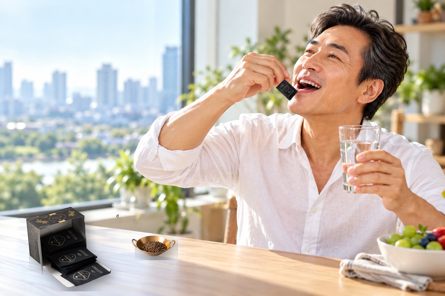 아침 창가에서 킹스모닝 한 포를 드시는 장면
