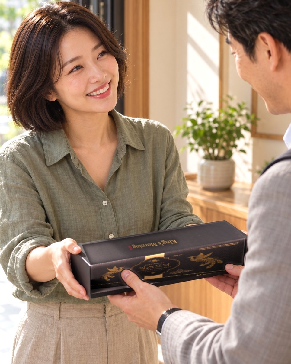 집 현관에서 손님께 상자를 건네는 여성