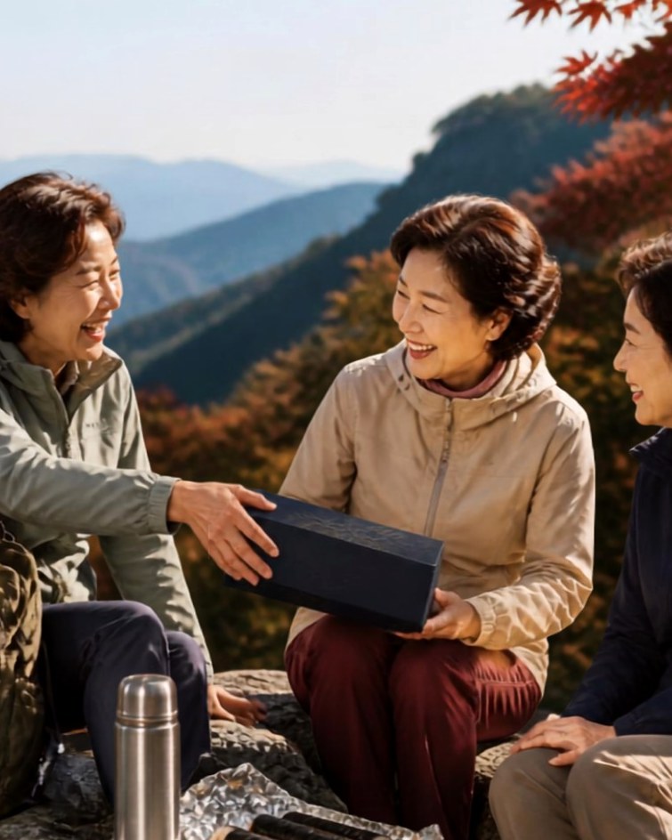 단풍 든 산 능선 쉼터에서 배낭에서 꺼낸 상자를 건네는 60대 여성들