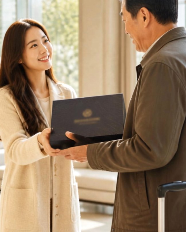 밝은 호텔 로비에서 먼 길 오신 분께 두 손으로 상자를 건네는 젊은 여성