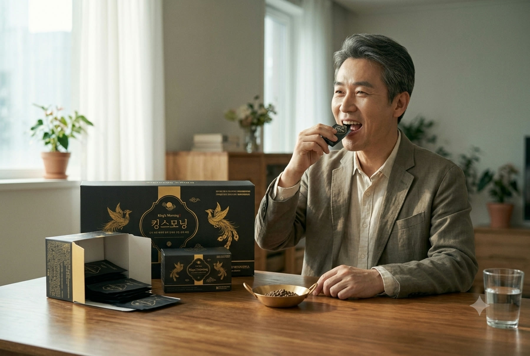 아침 식탁에서 한 포를 여는 남성과 킹스모닝 상자